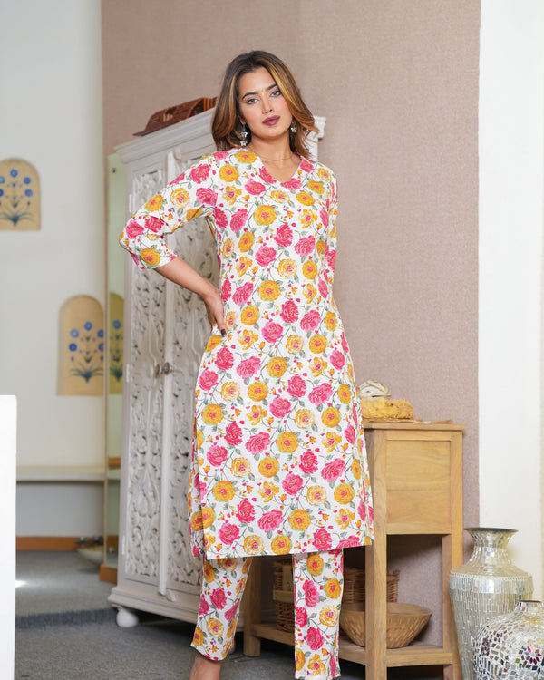 Floral Printed V-Neck Pure Cotton Kurta with Trouser