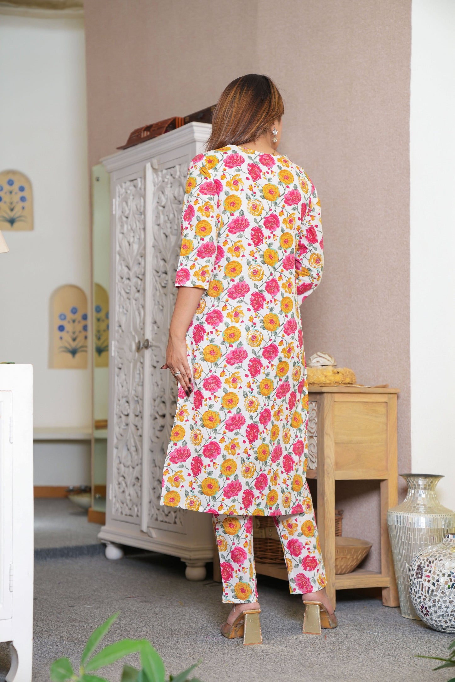 Floral Printed V-Neck Pure Cotton Kurta with Trouser