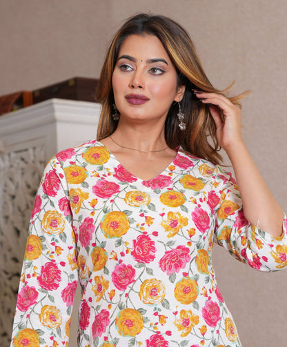 Floral Printed V-Neck Pure Cotton Kurta with Trouser