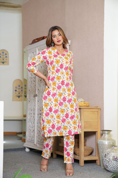 Floral Printed V-Neck Pure Cotton Kurta with Trouser