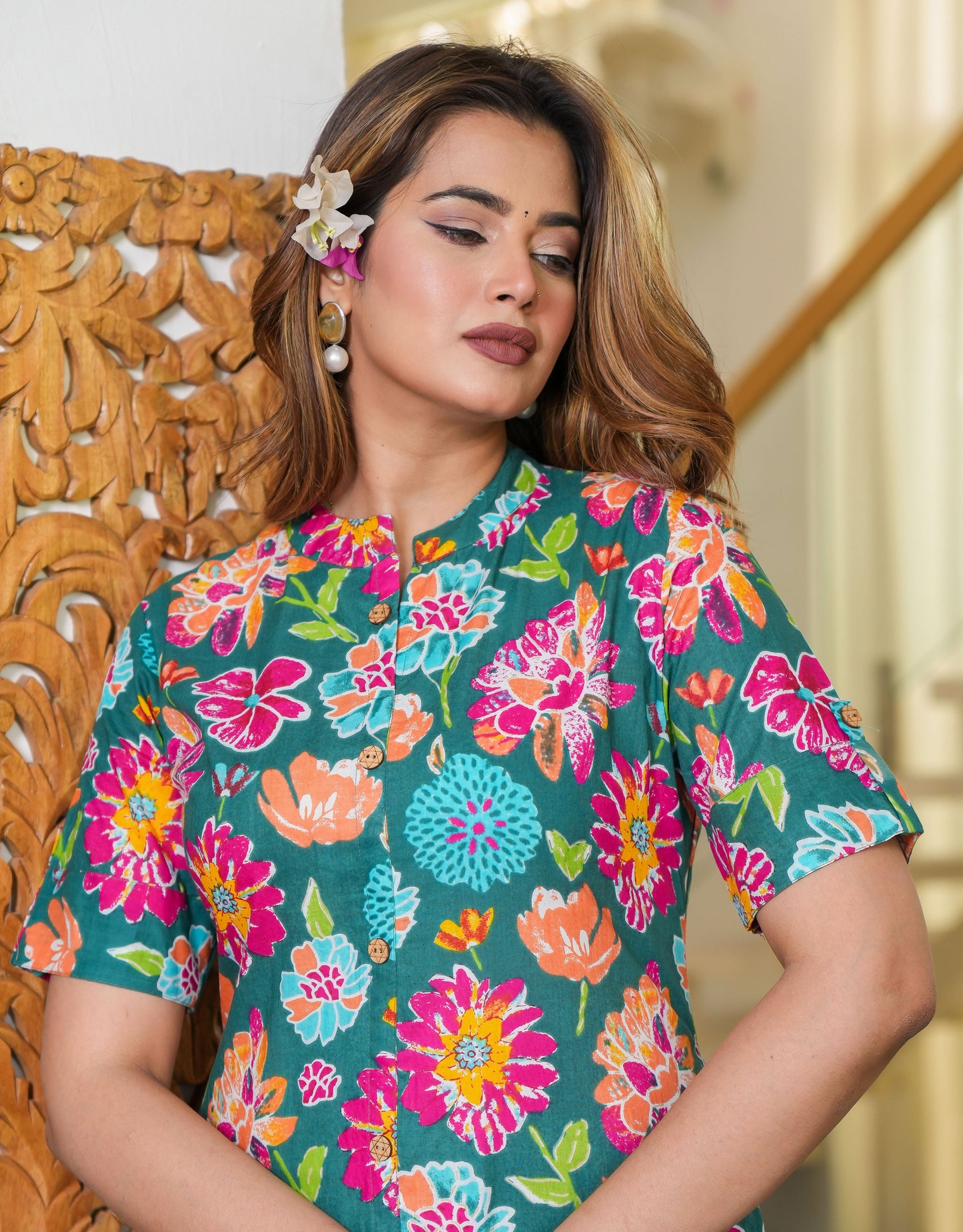 Floral Printed V-Neck Pure Cotton Kurta with Trouser